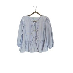 Blue Sol Striped Peplum Blouse Blue White Triple Bow Front Puff Sleeve Large NEW